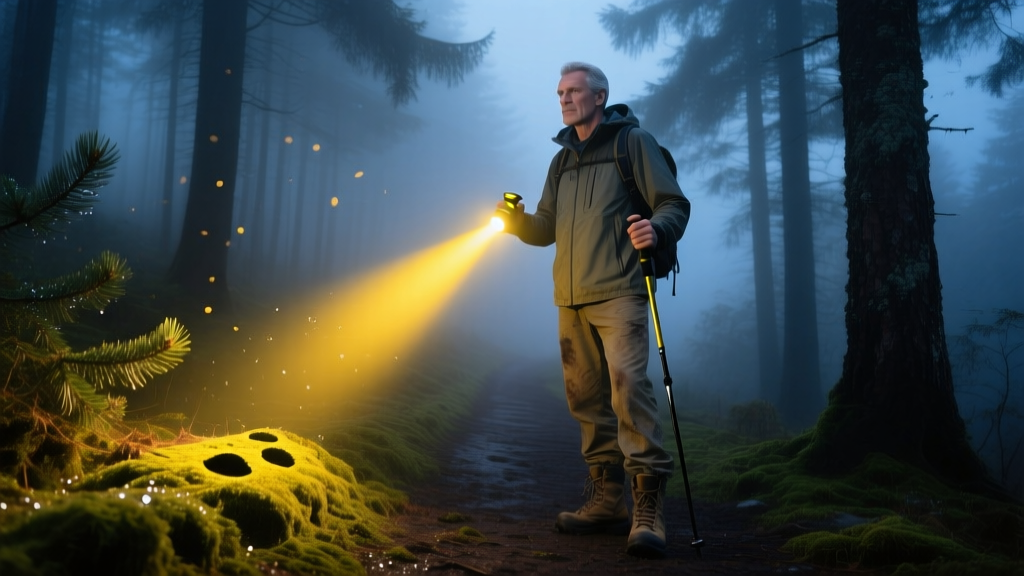 Hiker holding a yellow Olight Warrior Mini 3 flashlight, its beam piercing through a dense, foggy pine forest trail at dusk.