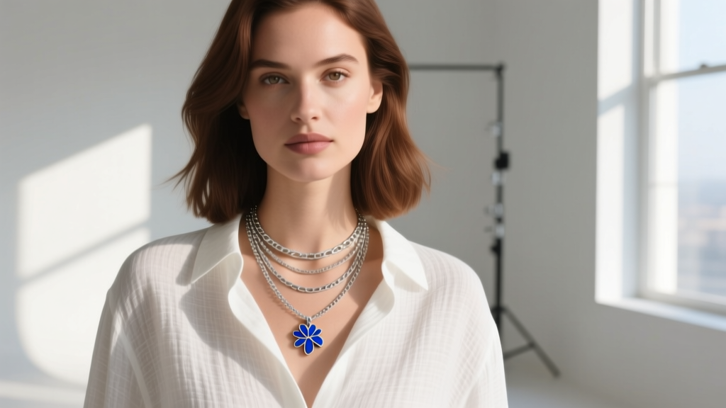 Woman wearing a layered necklace stack with a blue enamel Stitch pendant on a 20-inch chain over a crisp white linen shirt