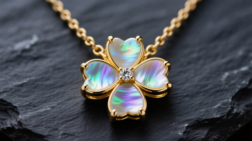 Close-up of 18k yellow gold clover motif necklace with mother-of-pearl inlay on dark slate, showing precise metal prong settings.