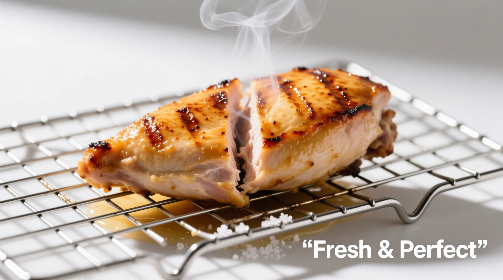 Perfectly cooked chicken breast cooling on wire rack