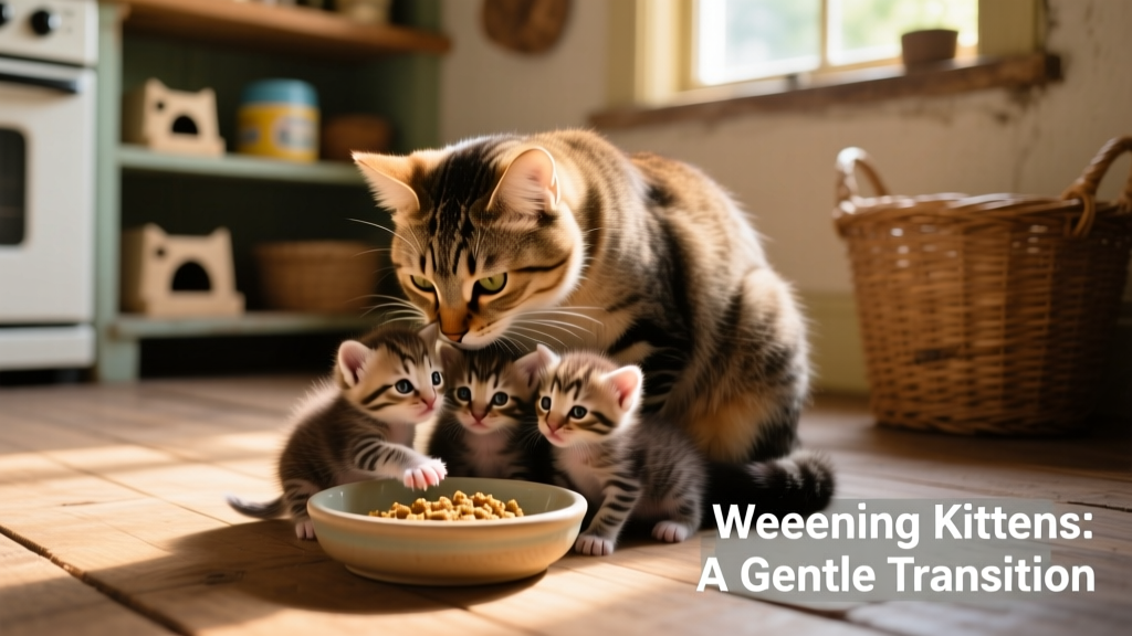 Mother cat gently nuzzling her kittens near a shallow dish of kitten food