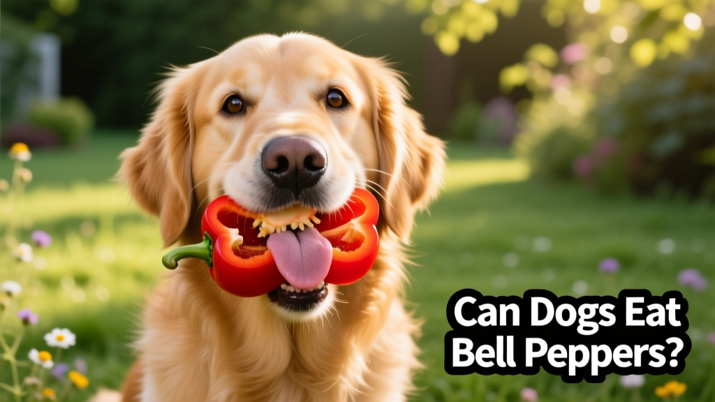 A golden retriever happily munching on a bright red bell pepper slice