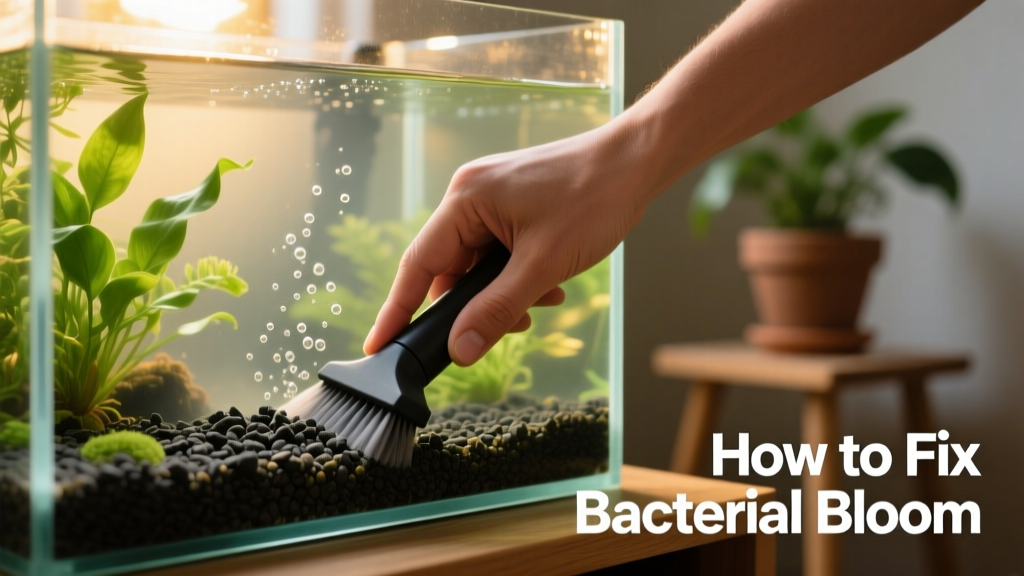 Hand performing gentle gravel vacuuming in an aquarium during routine maintenance
