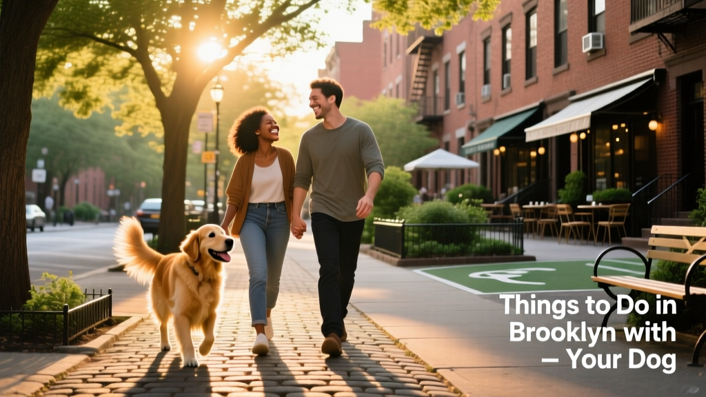 Person walking a happy dog along a tree-lined Brooklyn sidewalk at golden hour