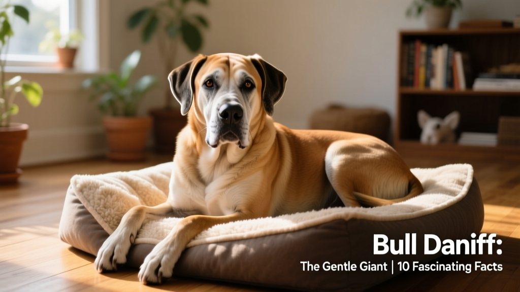 An older Bull Daniff resting peacefully on a cozy dog bed indoors, gazing softly at the camera