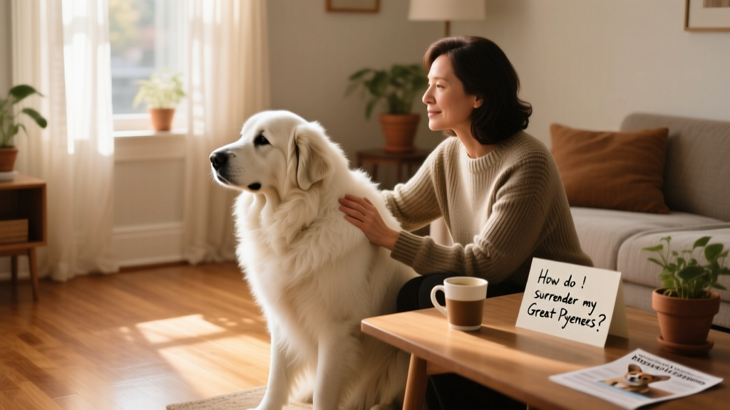 A calm, gentle Great Pyrenees sitting beside its owner in a quiet home setting