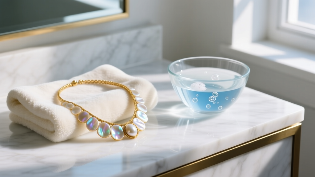 A soft microfiber cloth and a bowl of distilled water with mild soap next to a mother-of-pearl gold necklace on a marble vanity