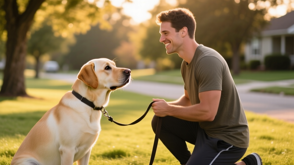 A calm, focused dog making eye contact with their owner during outdoor training