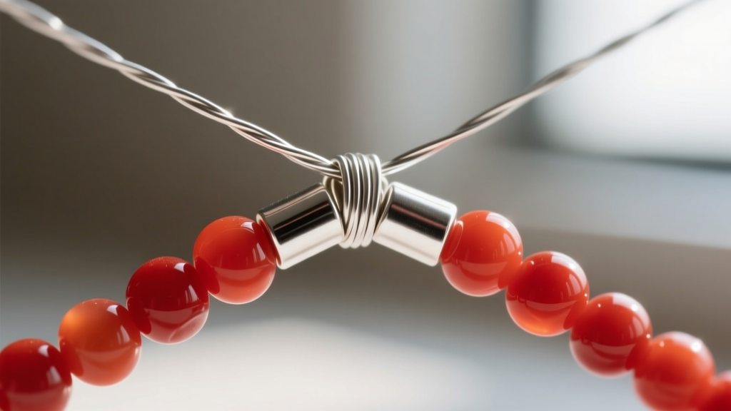Extreme macro of a silver crimp tube perfectly folded around thin beading wire at the end of a delicate red coral seed bead strand