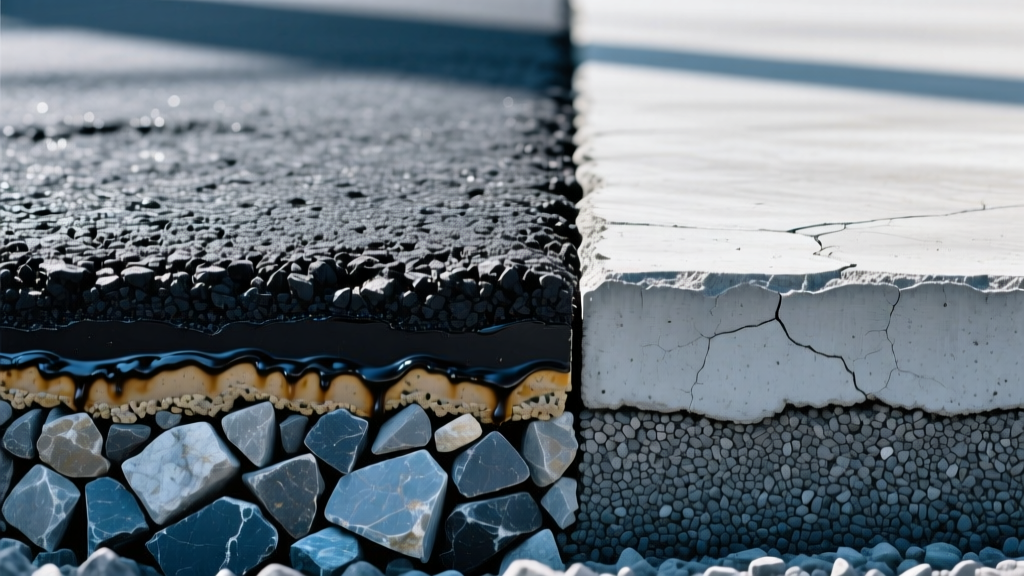 Split cross-section showing aggregate base, binder, and surface layers of asphalt and concrete pavement installed side by side.