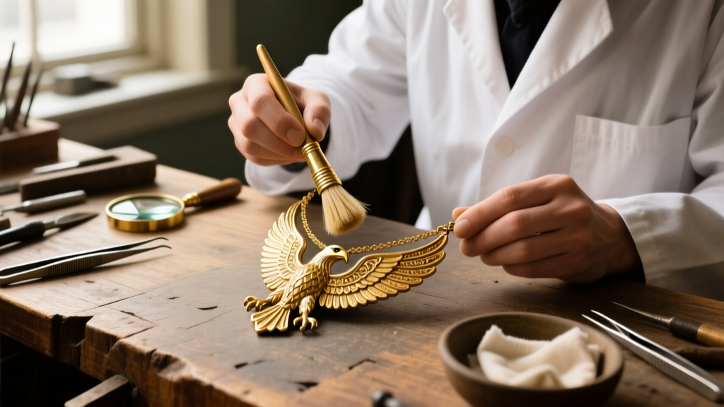 Jeweler using a soft brass brush to gently clean the delicate wings of a vintage gold eagle pendant necklace on a wooden workbench