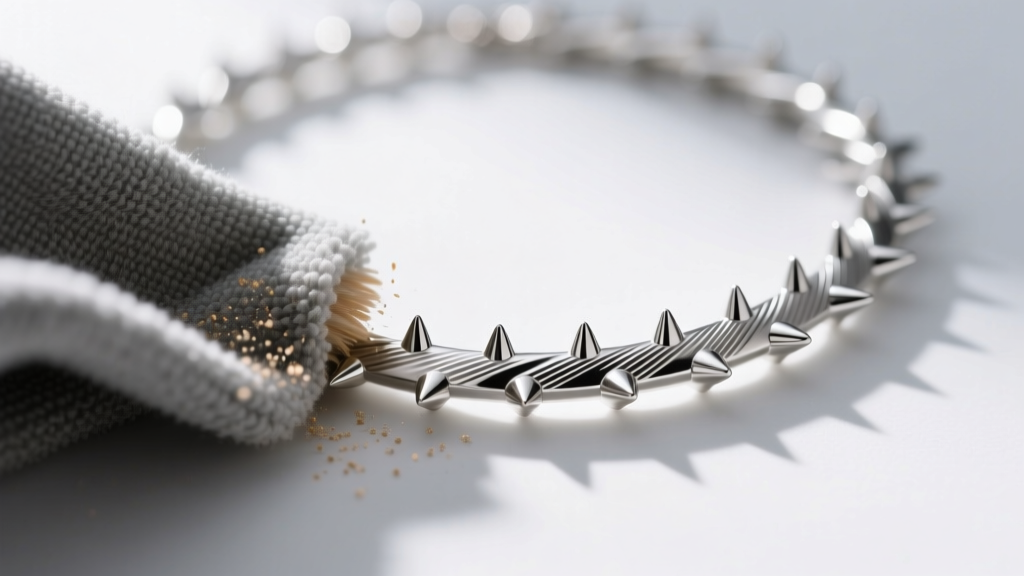 Macro shot of a microfiber cloth polishing a 316L stainless steel spiked necklace, highlighting the brushed metal grain texture.