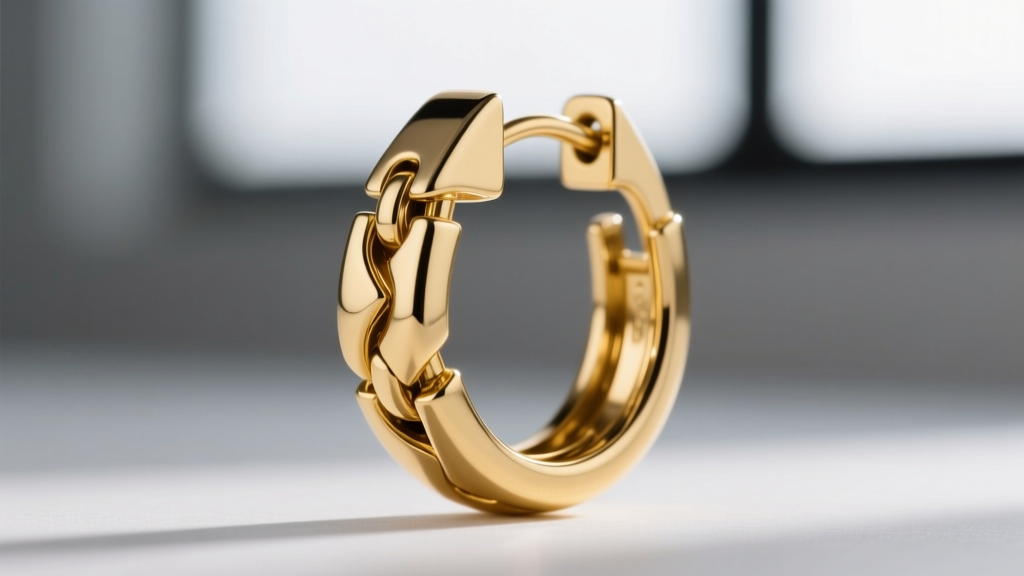 Macro photography of a hinged snap clasp on an 18-gauge gold hoop earring, showing the interlocking groove mechanism clearly.