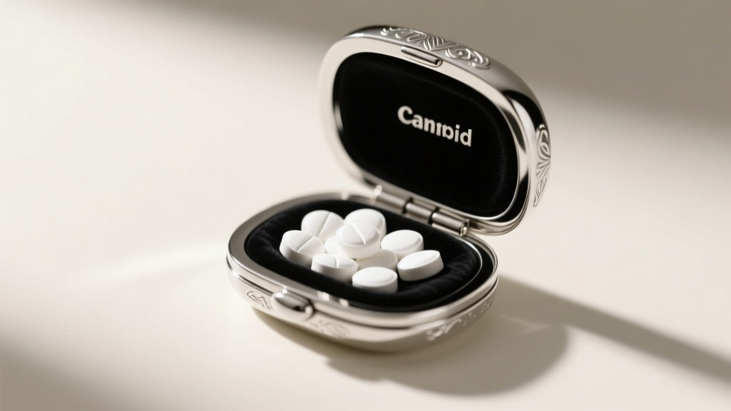 Sterling silver pill-dispenser locket shaped like an antacid roll, slightly open to reveal white chalky tablets on dark velvet