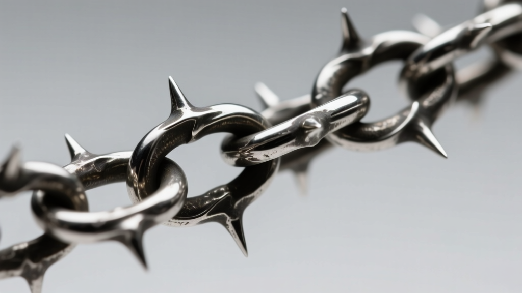 Macro photo of a 4mm oxidized sterling silver thorn link chain, highlighting the dark crevices and sharp metallic spike details.