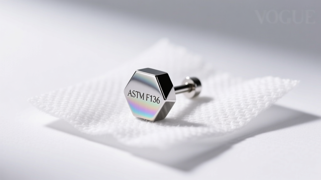 Macro shot of an ASTM F136 titanium flat-back labret earring resting on sterile white gauze under bright, clean studio lighting.