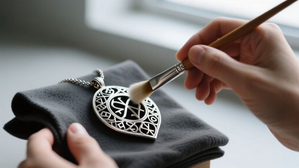 Hands using a soft brush to dust the silver crevices of the cursed necklace pendant on a dark gray microfiber polishing cloth.