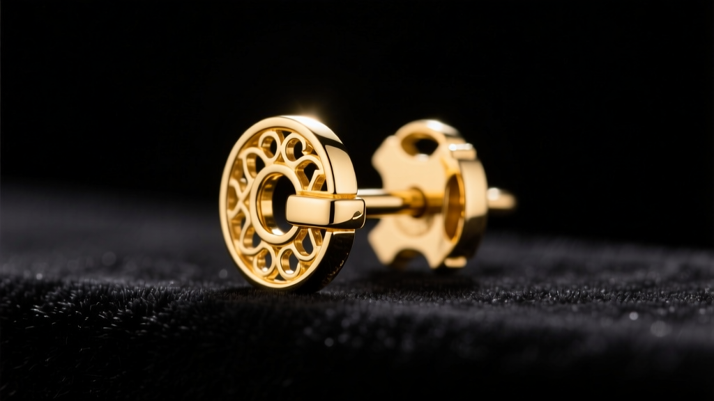 Macro shot of a 14k yellow gold La Pousette locking earring back mechanism resting on dark velvet, soft studio lighting.