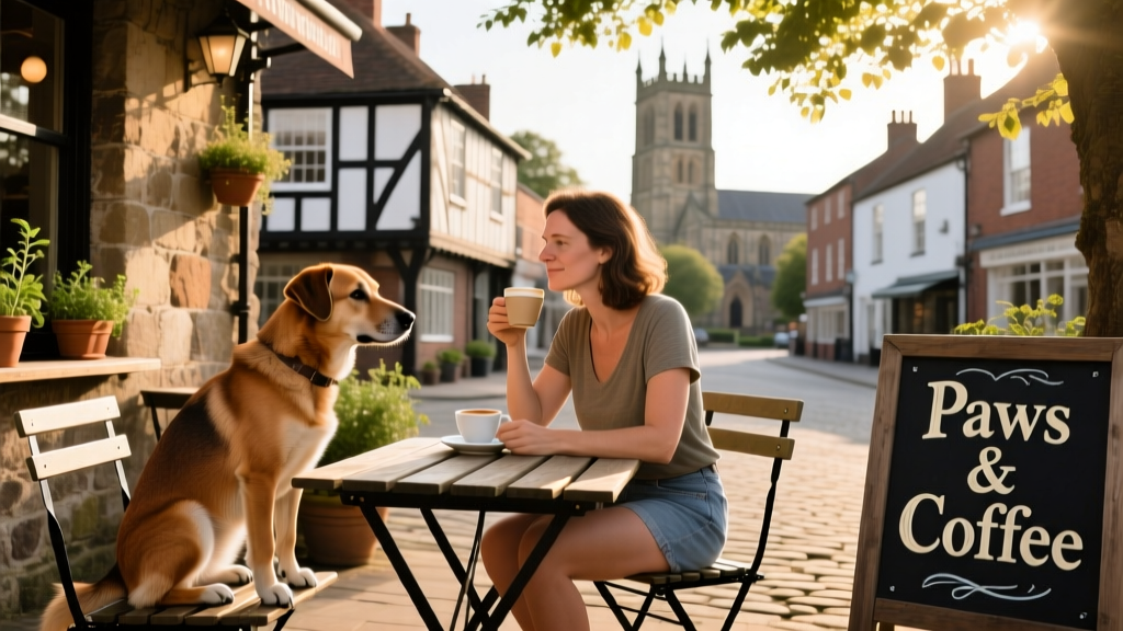 A dog sitting calmly beside their owner at an outdoor table at a dog-friendly café in Shrewsbury, with historic architecture in the background