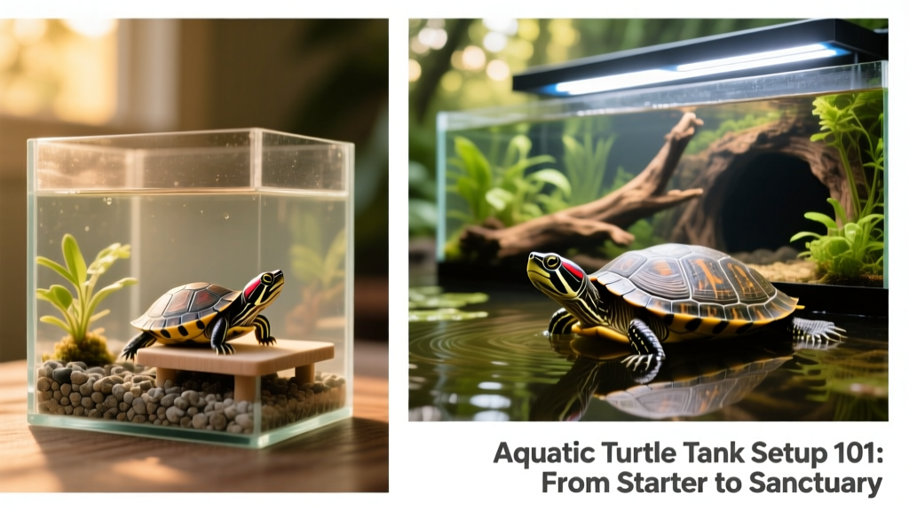 Side-by-side comparison of small juvenile turtle in starter tank vs. adult turtle in spacious habitat
