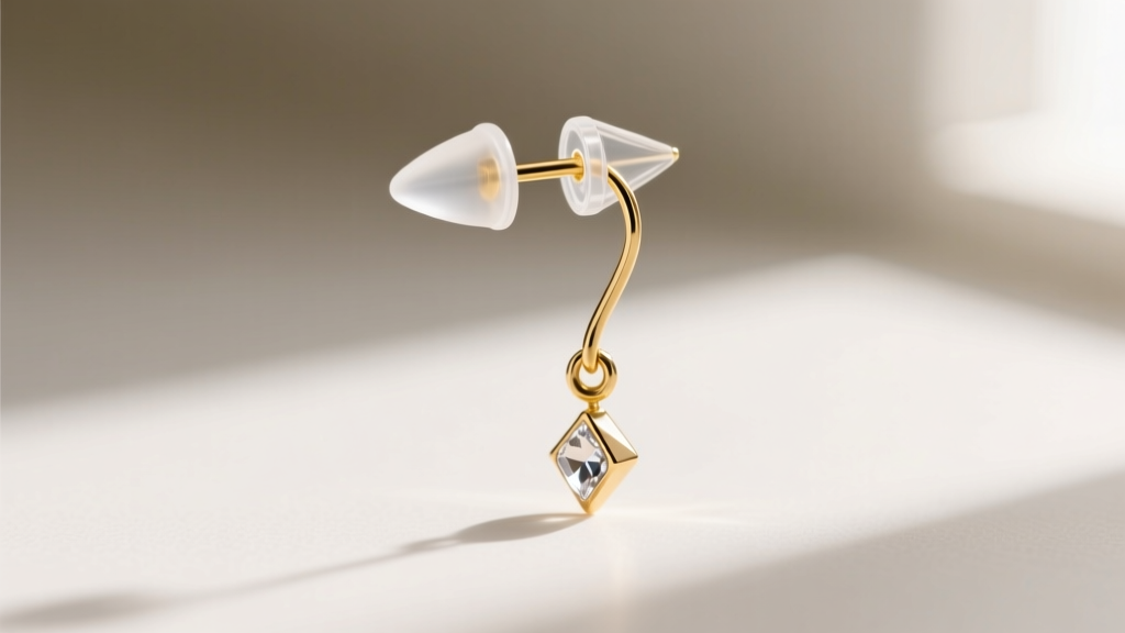 Clear silicone bullet earring backs securely fastened onto the notched end of delicate 14k gold fishhook dangle earrings.