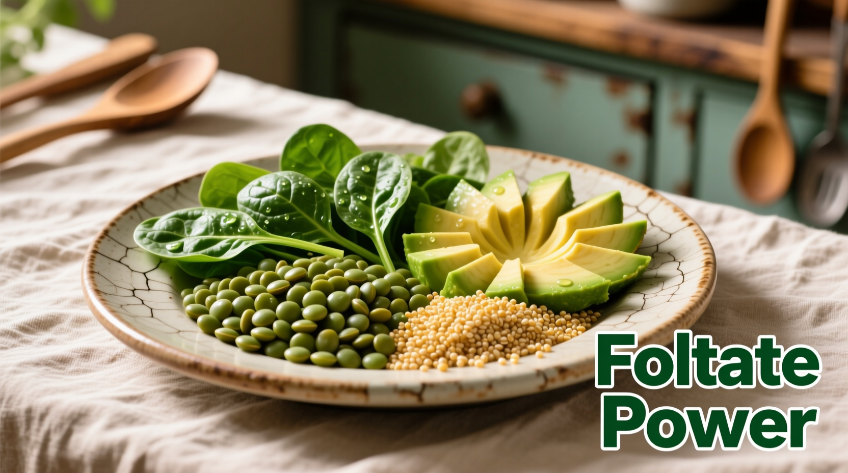 Colorful plate of folate-rich foods including lentils, spinach, and avocado