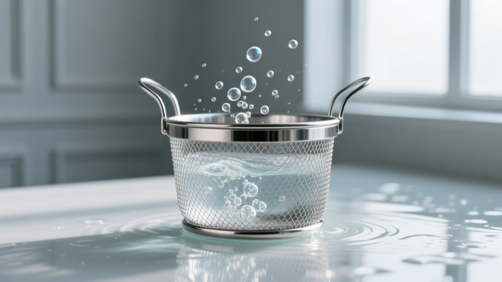 Digital ultrasonic jewelry cleaner vibrating a stainless steel basket, with a conceptual warning overlay for plated jewelry