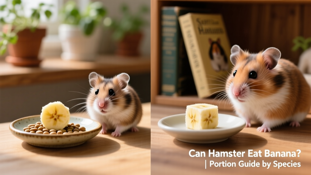 Side-by-side comparison showing appropriate portion sizes: a lentil-sized piece for dwarf hamsters and a 1/4-inch cube for Syrian hamsters