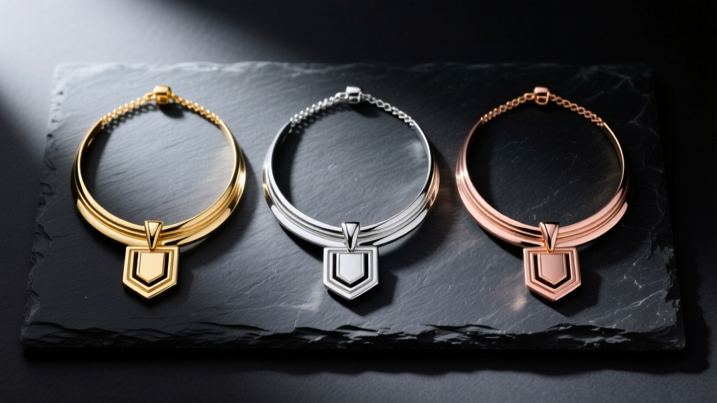 Flat lay of three scapular necklaces in varying metals, arranged neatly on a dark slate background with soft directional lighting