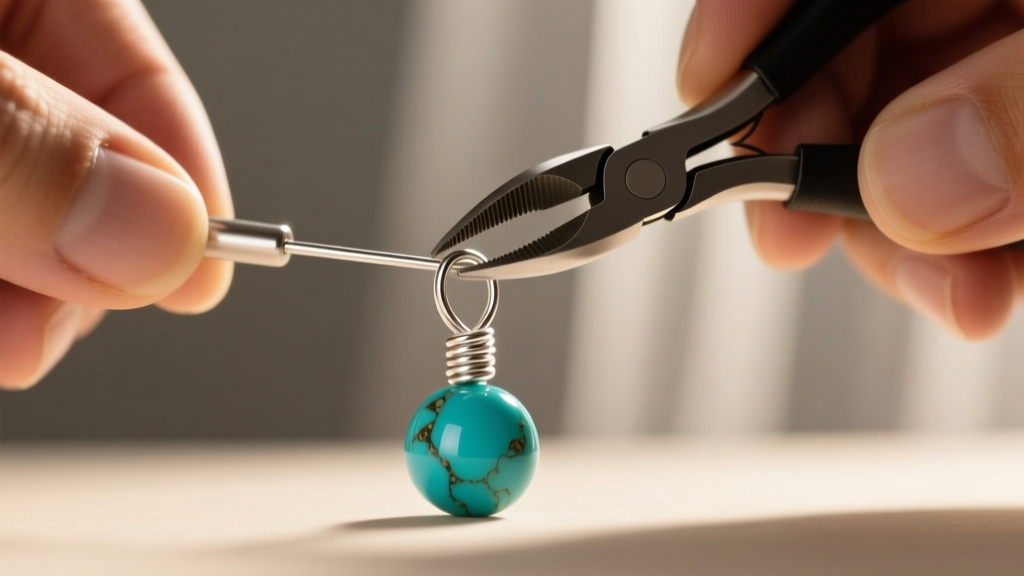 Close-up of hands using round-nose pliers to form a wrapped loop on a 22-gauge sterling silver headpin above a turquoise bead.