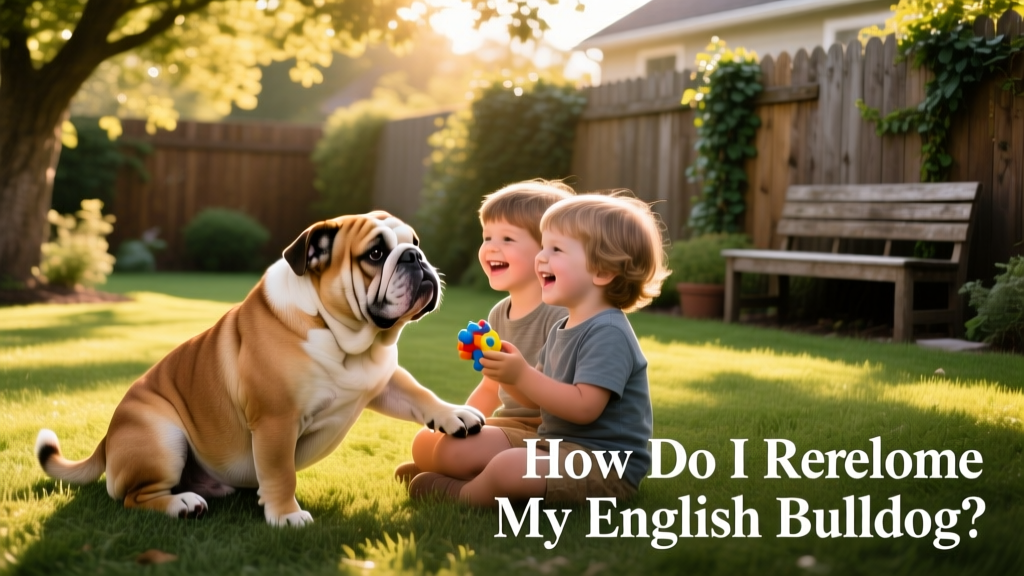An English Bulldog playing gently with children in a sunny backyard