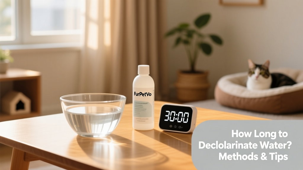 A clear glass bowl of tap water next to a bottle of FurPetVo water conditioner and a digital timer