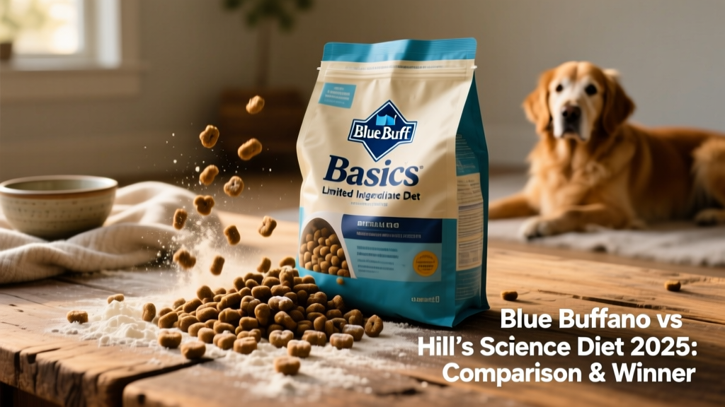 Blue Buffalo Basics Limited Ingredient Diet bag with kibble spilling out onto a wooden surface