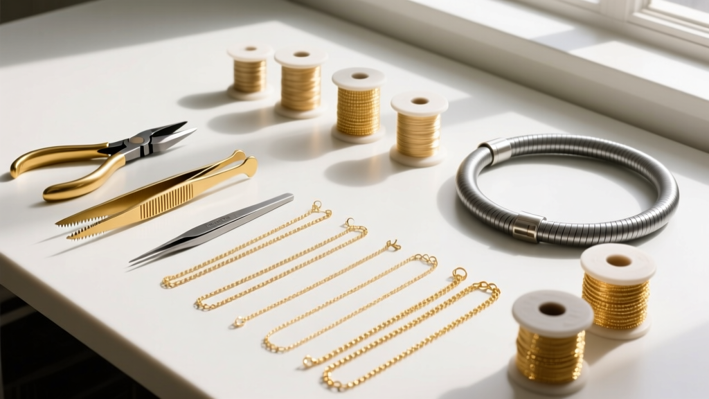 Overhead view of a workbench showing brass tweezers, flush cutters, an argon hose, and several spools of delicate 14k gold chain.