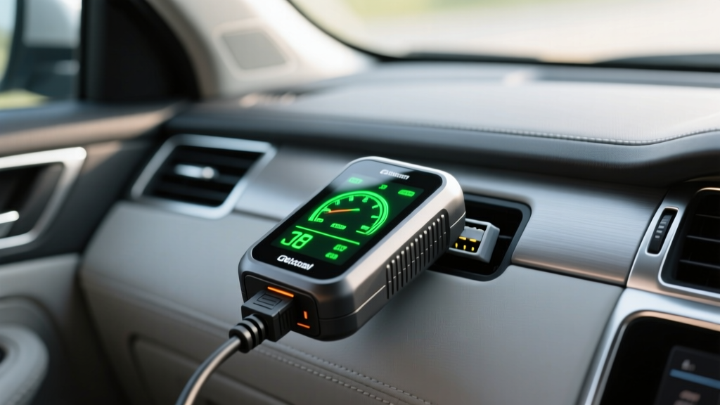 An OBD2 diagnostic scanner plugged into a vehicle's under-dash port with a compact wiring harness for a hidden hardwire kit.