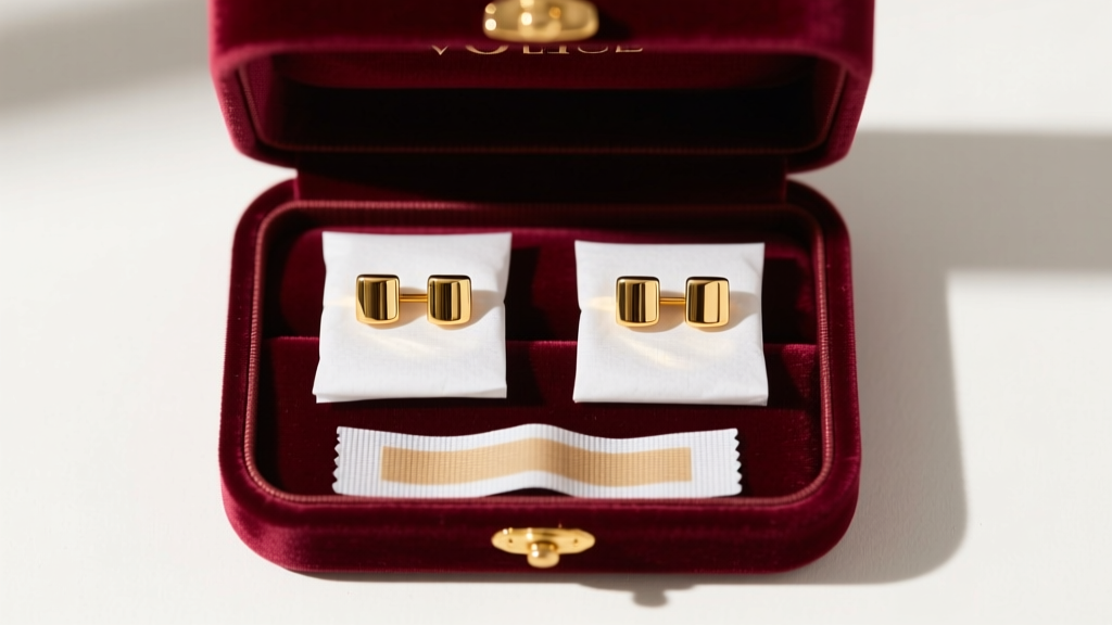 Velvet box with anti-tarnish strips and individually wrapped two-tone gold stud earrings, photographed from a top-down angle.