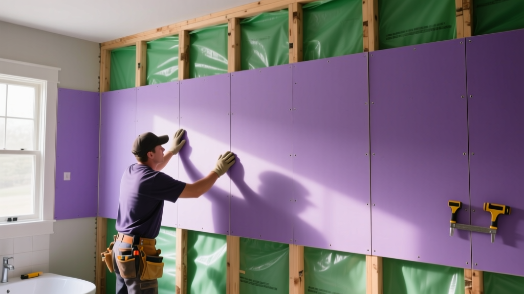 Contractor installing purple mold guard gypsum board on framed bathroom walls with a green moisture barrier behind it