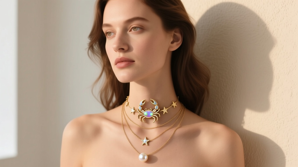 Model wearing a layered stack with a 16-inch Cancer constellation choker and an 18-inch pearl pendant in soft warm natural light.