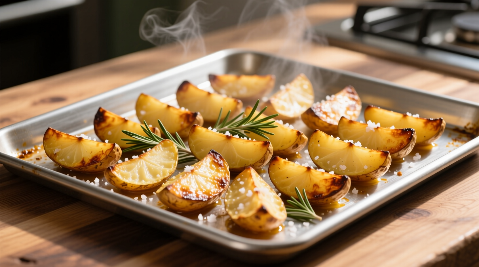 Golden roasted potato slices on baking sheet