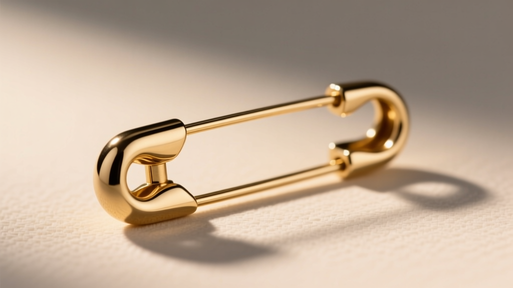 Macro photo of a heavy designer safety pin earring crafted from polished brass, showing the thick post and secure omega clip back.