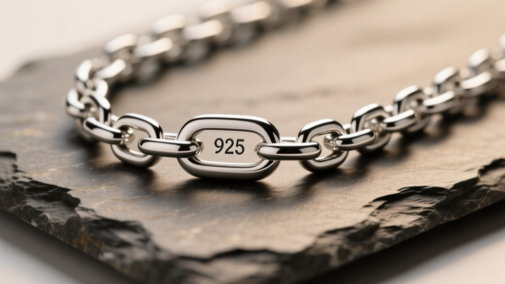 Macro shot of a sterling silver chain on slate, focusing on the 925 hallmark stamp near the clasp under soft studio light.