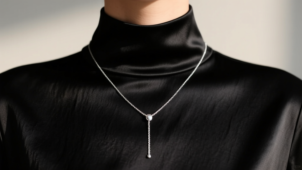 Close-up of black silk mock neck top with a delicate 18-inch sterling silver lariat necklace resting just below the collarbone.