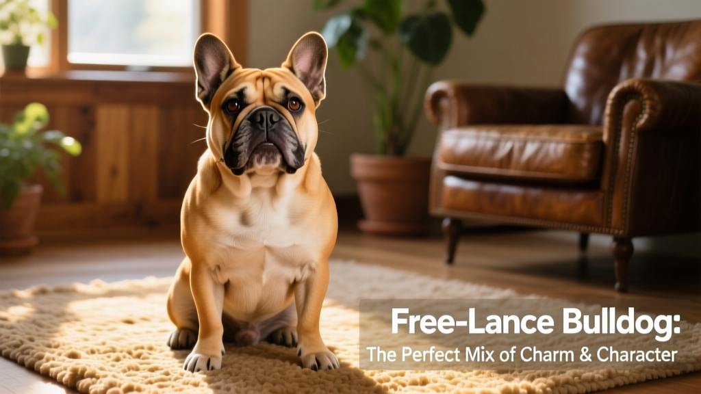 A smiling Free-Lance Bulldog sitting on a sunlit rug, showing its wrinkled face and expressive eyes