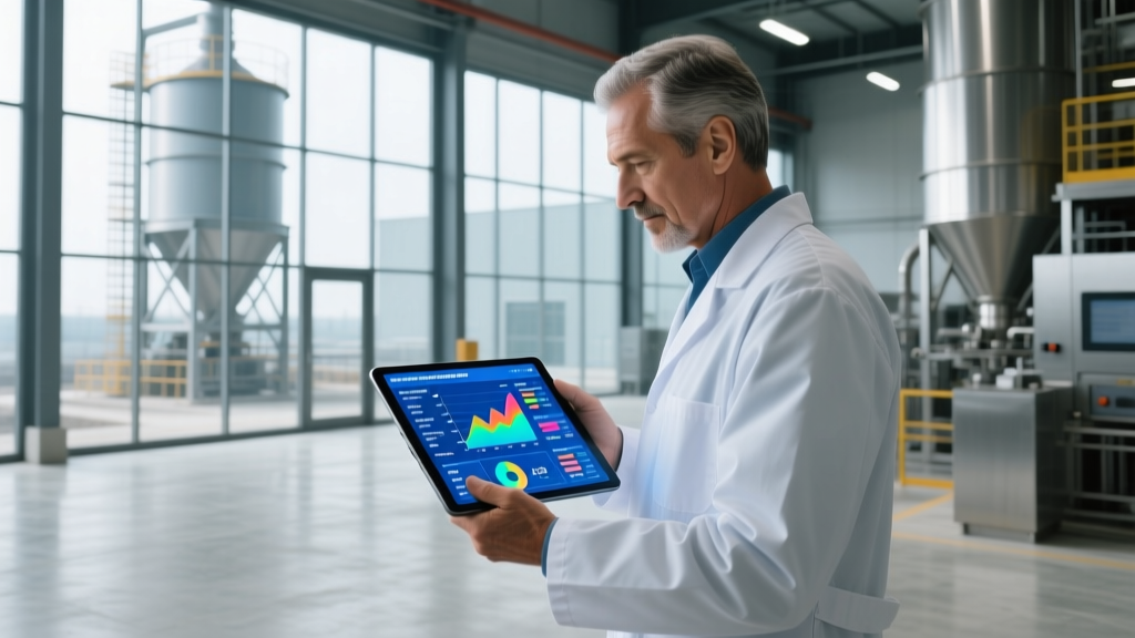 Engineer reviewing abstract performance specs and concrete prescriptive mix design charts on a tablet at a modern batch plant facility