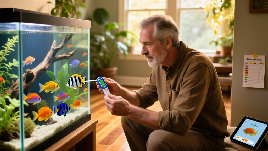 Professional fish sitter checking water parameters and observing fish behavior in a well-maintained home aquarium