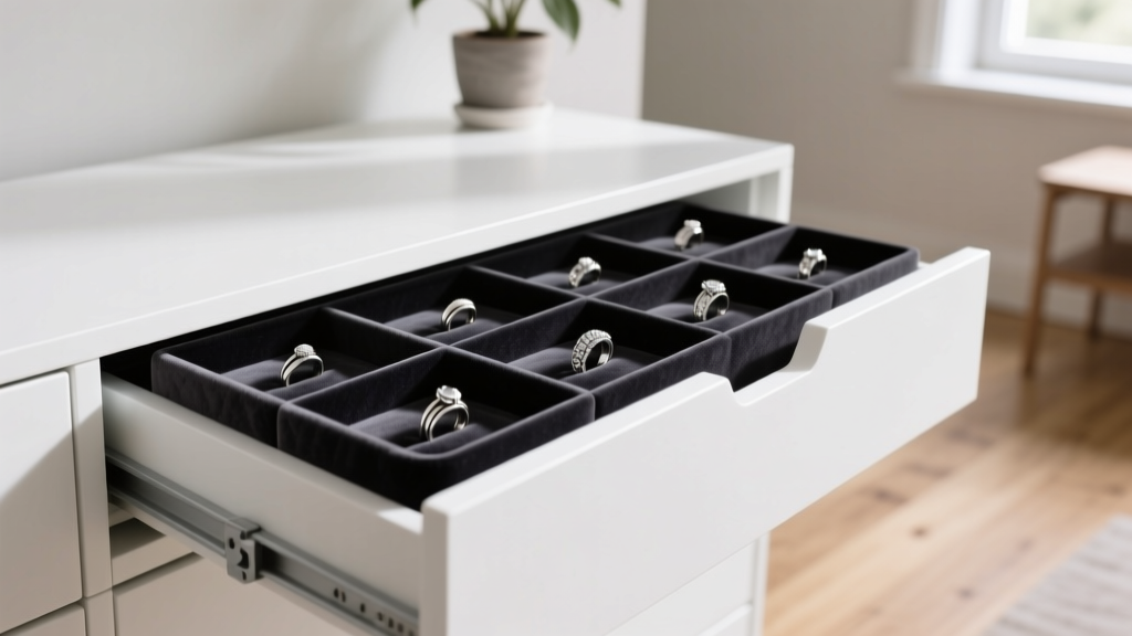 Modified white IKEA MOPPE drawer unit with compartments lined in charcoal anti-tarnish velvet, holding silver rings