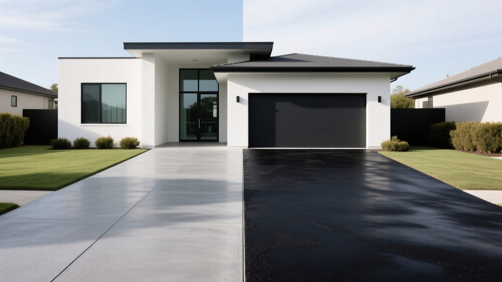 Split view comparing a smooth gray concrete driveway with a dark black asphalt driveway leading to a modern suburban garage