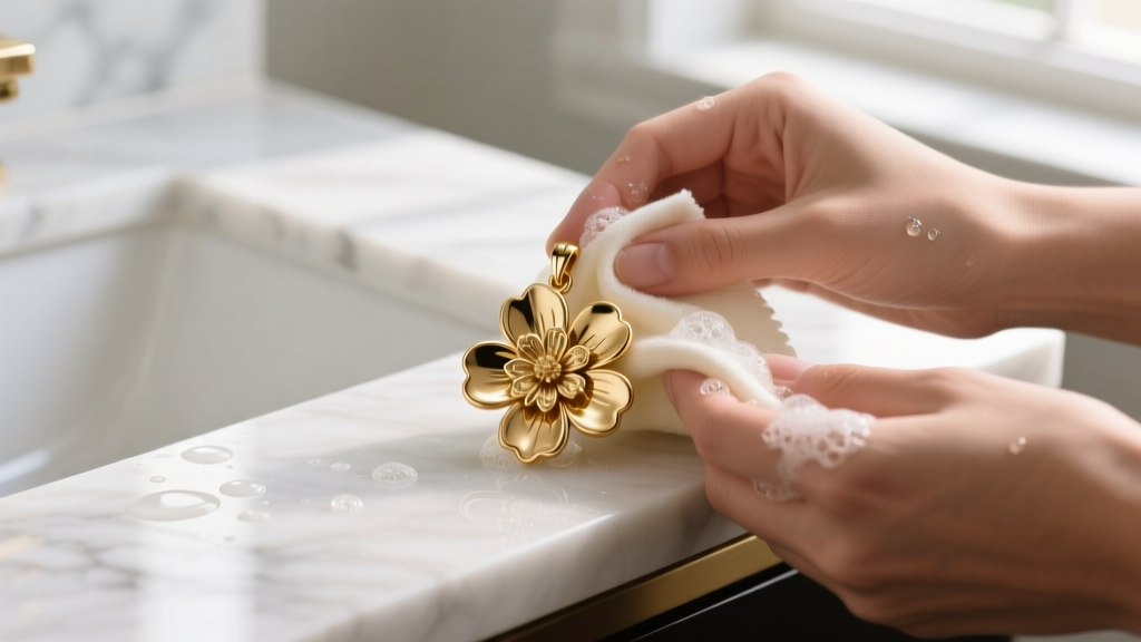 Hands gently cleaning a gold Mia Fiore flower pendant with a soft microfiber cloth and mild soap suds on a marble vanity surface