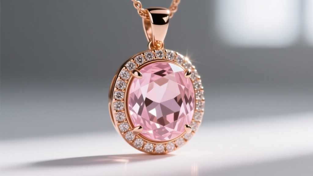 Close-up of a 14k rose gold bezel-set morganite pendant catching light, showing its soft peach-pink hue and high polish finish.