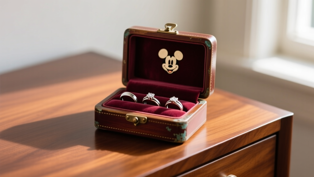 Restored vintage Mickey Mouse jewelry box on a mahogany dresser, lid open to reveal plush anti-tarnish lining and silver rings.